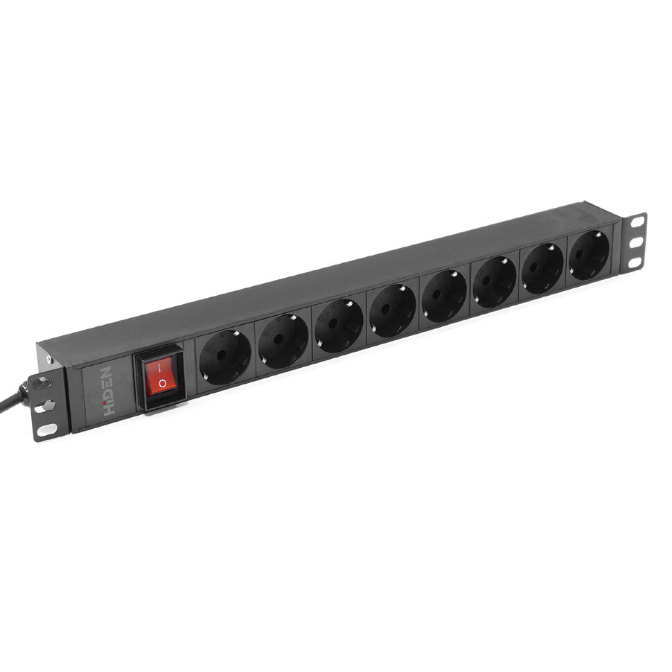 Блок розеток однофазный горизонтальный, 19", 8 розеток Schuko, 16A, выключатель с подсветкой, кабель питания 2м EU-Schuko