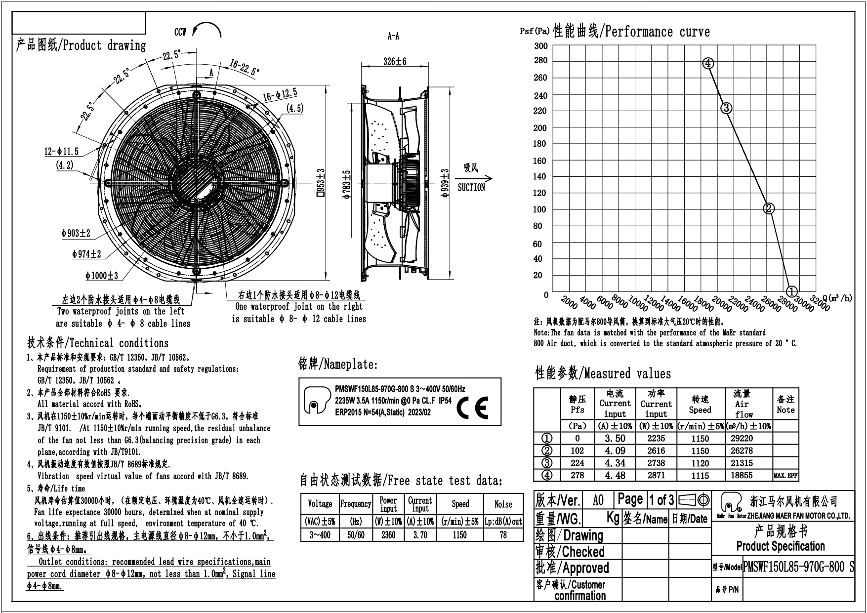 Вентилятор PMSWF150L85-970G-800S инвертор EC+плата MAER