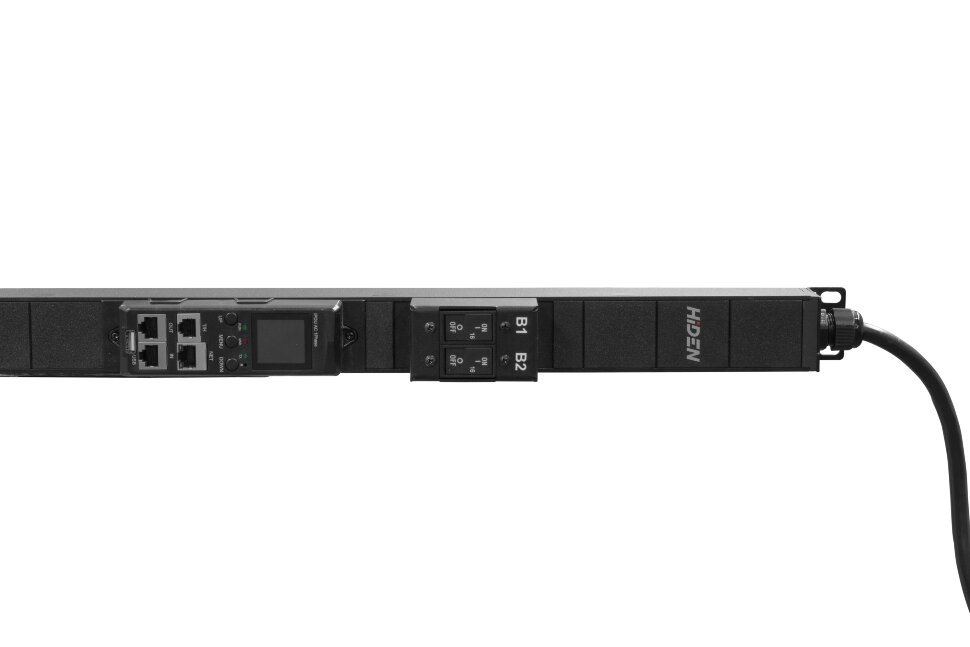 Блок розеток HIDEN EXPERT однофазный, вертикальный, 20 розеток IEC C13, 4 розетки IEC C19, 32А, авт. выкл., мониторинг/измерение, кабель питания 3м вилка IEC 60309 32А (2P+E), возможность установки в лоток Zero-U, корпус алюминий,