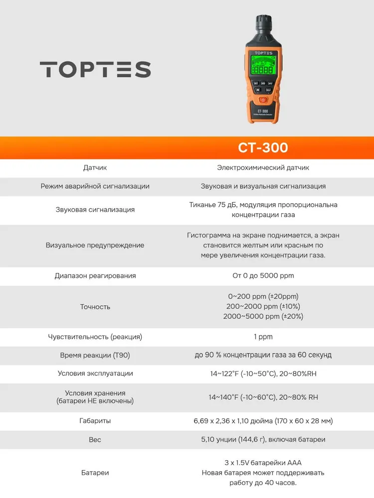 CT-300 Детектор угарного газа и дыма TopTes