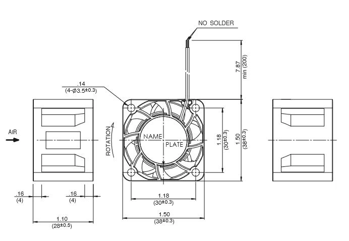 Габаритные размеры осевого вентилятора 03828DA-12R-AU-00 NMB axial fan Габаритные размеры осевого вентилятора 03828DA-12R-AU-00 NMB axial fan