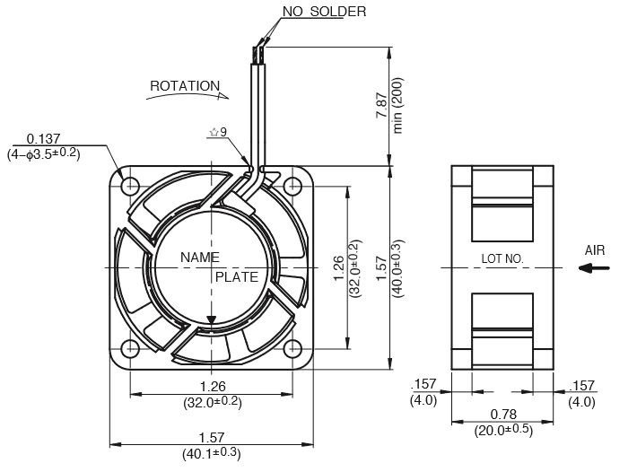 Габаритные размеры осевого вентилятора 04020VA-12R-AU-01 NMB axial fan