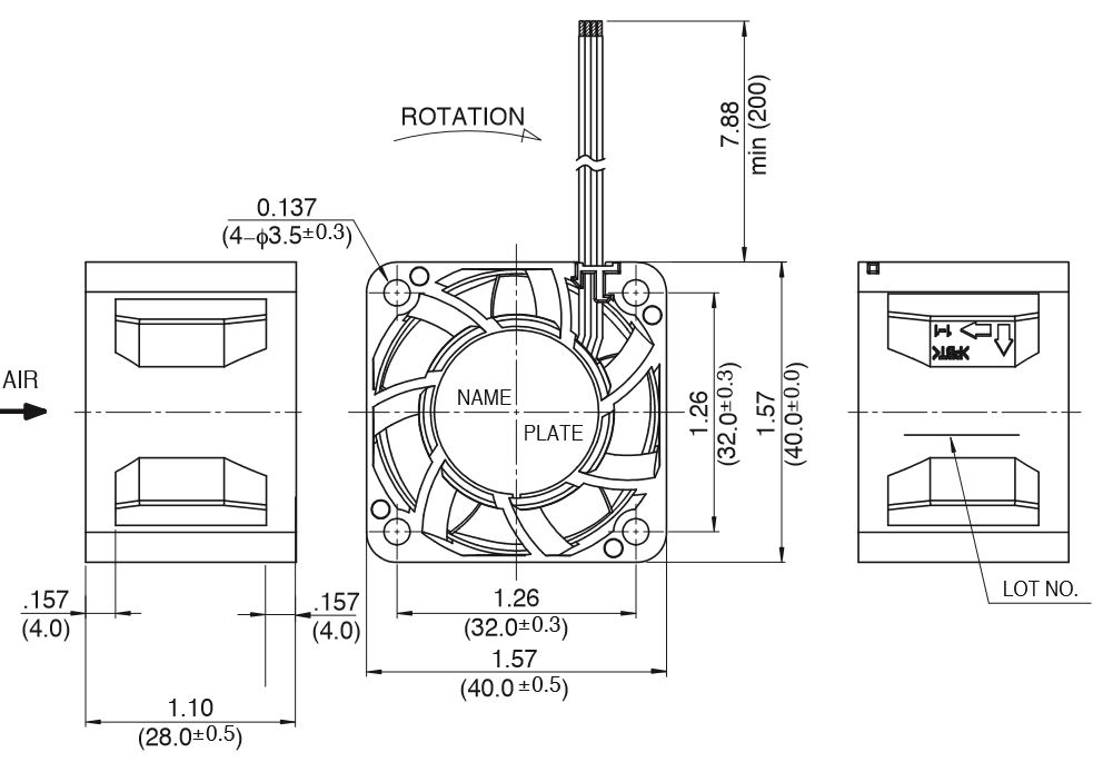 Габаритные размеры осевого вентилятора 04028DA-12T-AKH-0 NMB axial fan Габаритные размеры осевого вентилятора 04028DA-12T-AKH-0 NMB axial fan