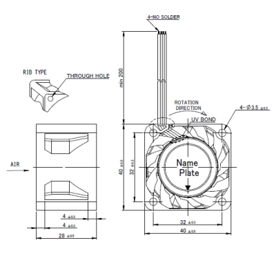 Габаритные размеры осевого вентилятора 04028DE-24P-ZUK-1 NMB axial fan Габаритные размеры осевого вентилятора 04028DE-24P-ZUK-1 NMB axial fan