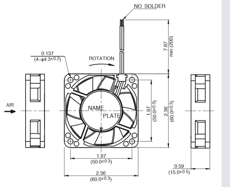 Габаритные размеры осевого вентилятора 06015VA-12L-AT-00 NMB axial fan