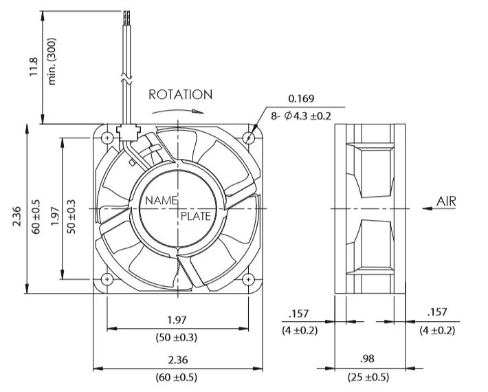 Габаритные размеры осевого вентилятора 06025SA-12T-AU-D3 NMB axial fan Габаритные размеры осевого вентилятора 06025SA-12T-AU-D3 NMB axial fan