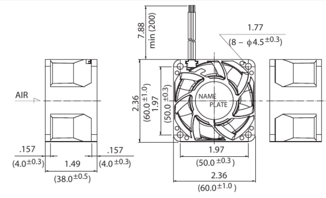 Габаритные размеры осевого вентилятора 06038DA-12S-EWH NMB axial fan Габаритные размеры осевого вентилятора 06038DA-12S-EWH NMB axial fan