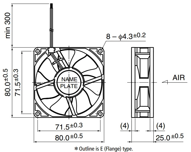 Габаритные размеры осевого вентилятора 08025SA-24R-BL NMB axial fan