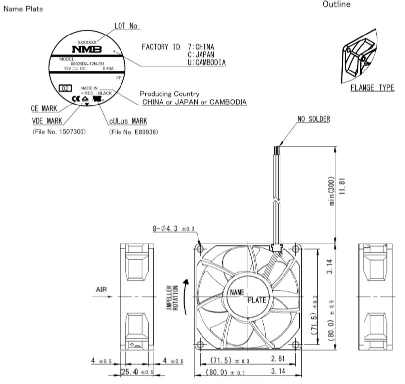 Габаритные размеры осевого вентилятора 08025DA-12N-EU-02 NMB axial fan