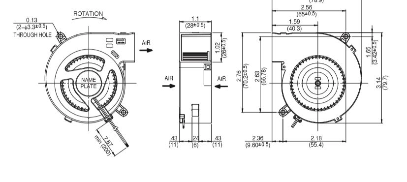 Габаритные размеры радиального вентилятора 08028GS-12N-AA-00 NMB Technologies