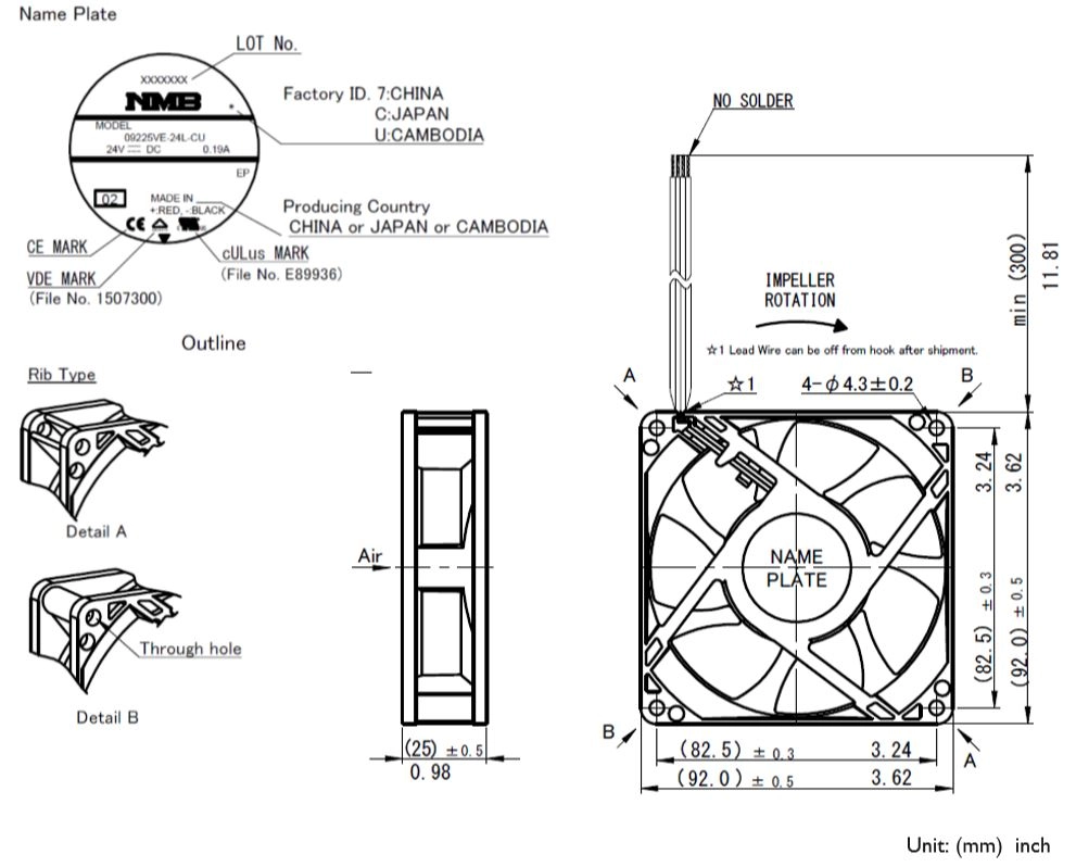 Габаритные размеры осевого вентилятора 09225VE-12Q-CT-00 NMB axial fan