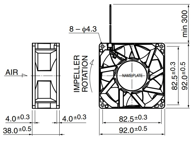Габаритные размеры осевого вентилятора 09238RA-12L-FL NMB axial fan Габаритные размеры осевого вентилятора 09238RA-12L-FL NMB axial fan