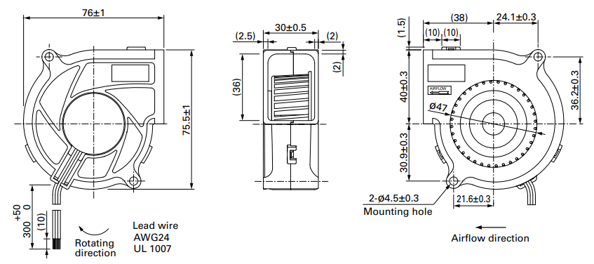 Габаритные размеры центробежного вентилятора 109BD12HC2 Sanyo Denki