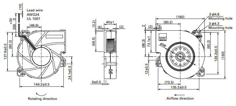 Габаритные размеры центробежного вентилятора 109BG12MC1 Sanyo Denki