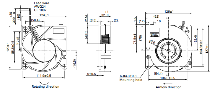 Габаритные размеры центробежного вентилятора 109BJ12HA2 Sanyo Denki