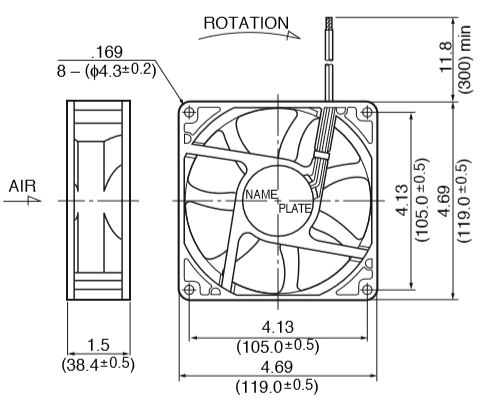 Габаритные размеры осевого вентилятора 11938KA-24L-ET-00 NMB axial fan