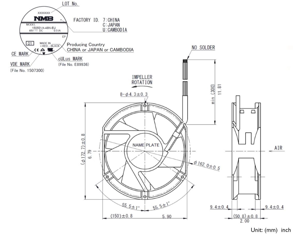 Габаритные размеры осевого вентилятора 15050VA-48N-EU-01 NMB axial fan Габаритные размеры осевого вентилятора 15050VA-48N-EU-01 NMB axial fan