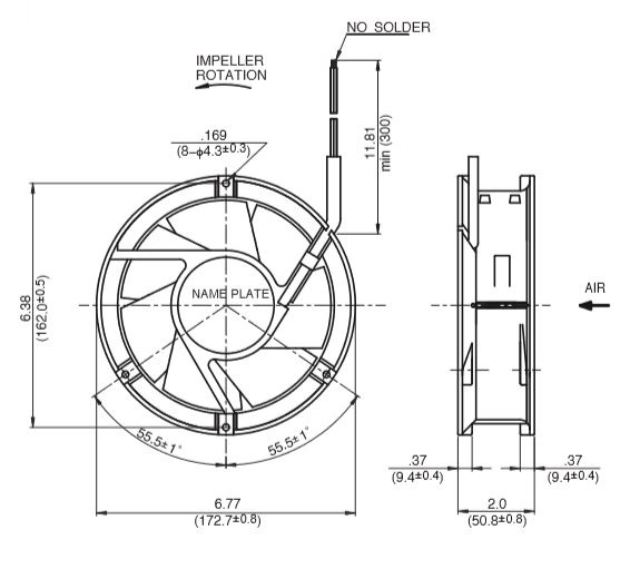 Габаритные размеры осевого вентилятора 17250VA-24P-EA-00 NMB axial fan Габаритные размеры осевого вентилятора 17250VA-24P-EA-00 NMB axial fan
