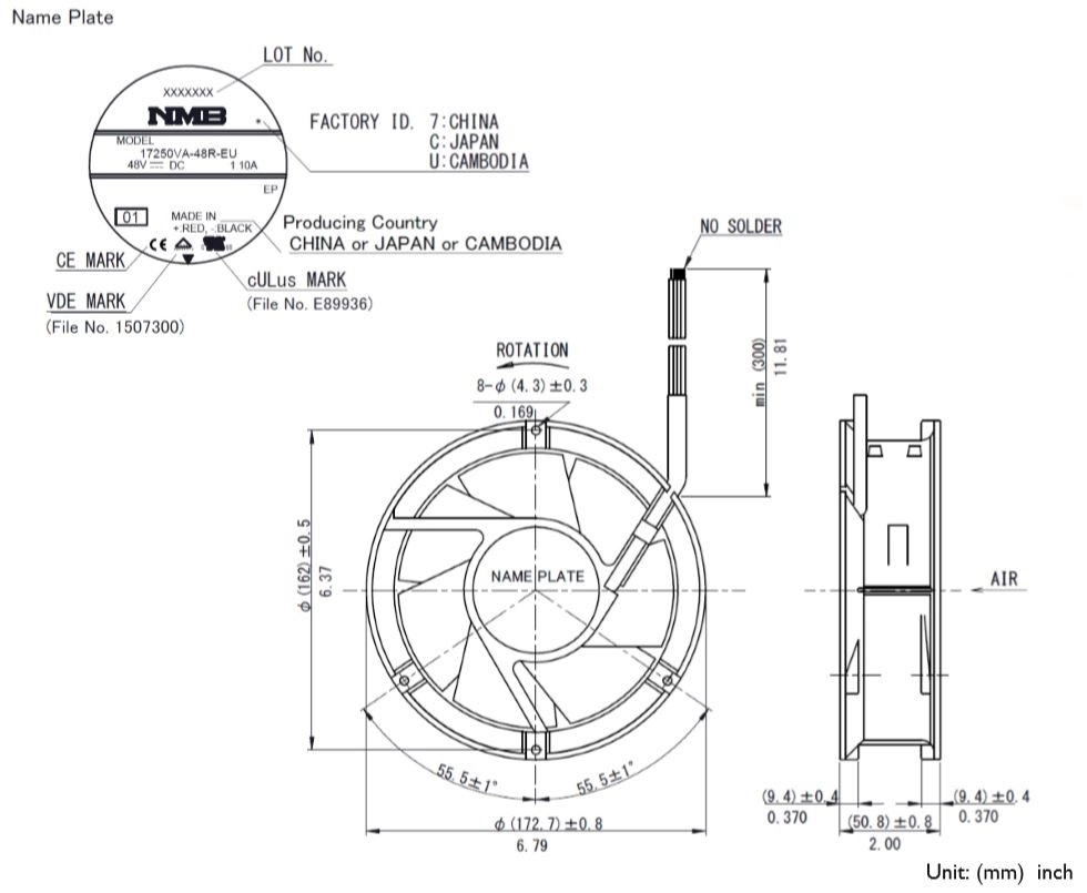 Габаритные размеры осевого вентилятора 17250VA-48R-EU-01 NMB axial fan