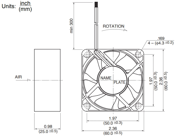 Габаритные размеры осевого вентилятора 2410RL-05W-S49 NMB axial fan