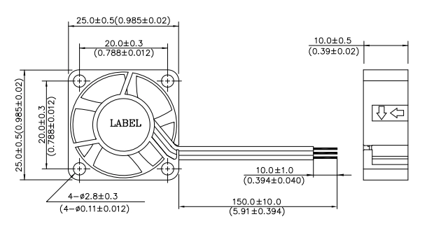 Габаритные размеры вентилятора охлаждения ASB02505HA-A7JV Delta Electronics Габаритные размеры вентилятора охлаждения ASB02505HA-A7JV Delta Electronics