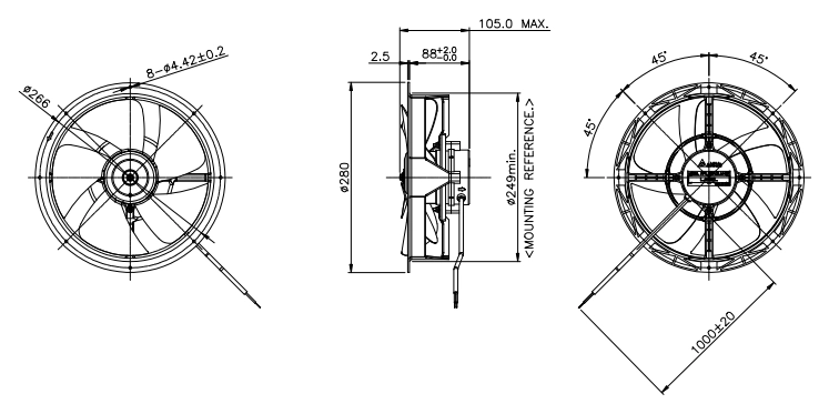 Габаритные размеры вентилятора охлаждения AFL28A2LU-BR Delta Electronics