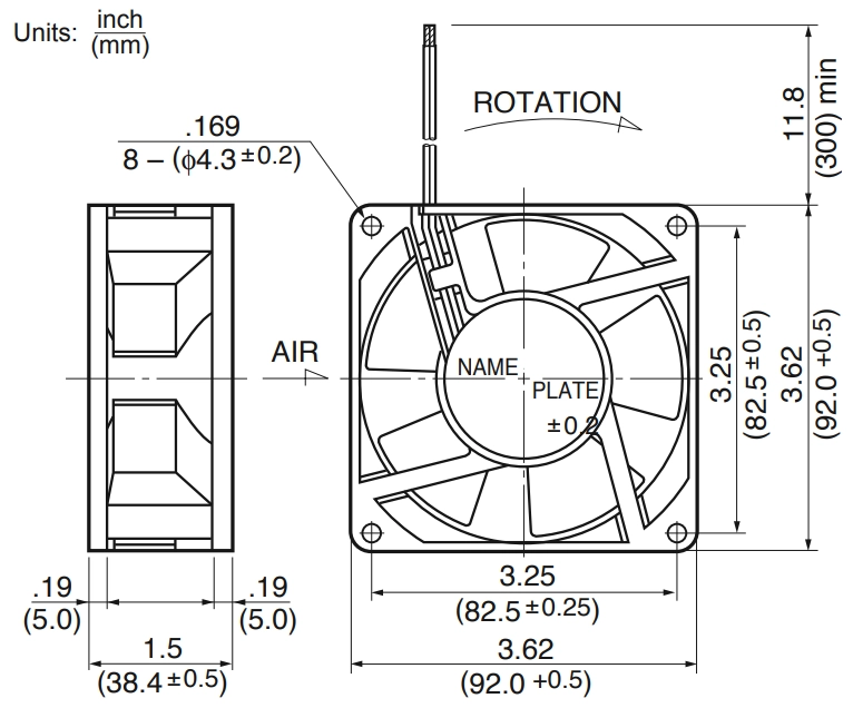 Габаритные размеры осевого вентилятора 3615KL-05W-B40 NMB axial fan