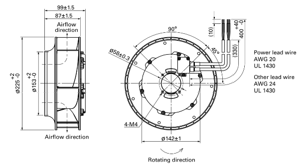 Габаритные размеры центробежного вентилятора 9ADTS23P0F001 Sanyo Denki
