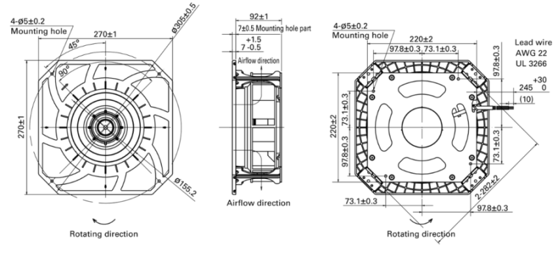 Габаритные размеры центробежного вентилятора 9B1W2TP24P0H001 Sanyo Denki