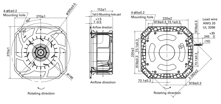 Габаритные размеры центробежного вентилятора 9B1TS48P0G001 Sanyo Denki