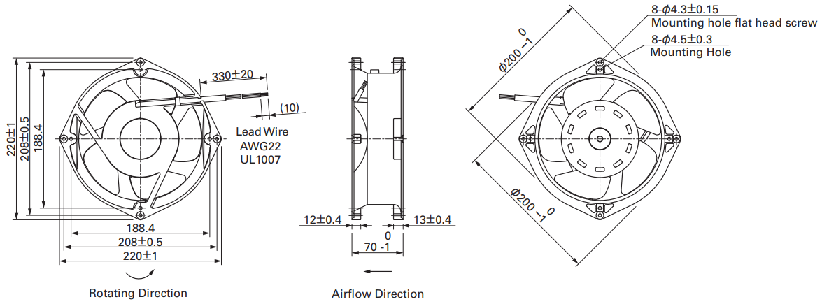 Габаритные размеры осевого кулера 9EC2048A001 Sanyo Denki