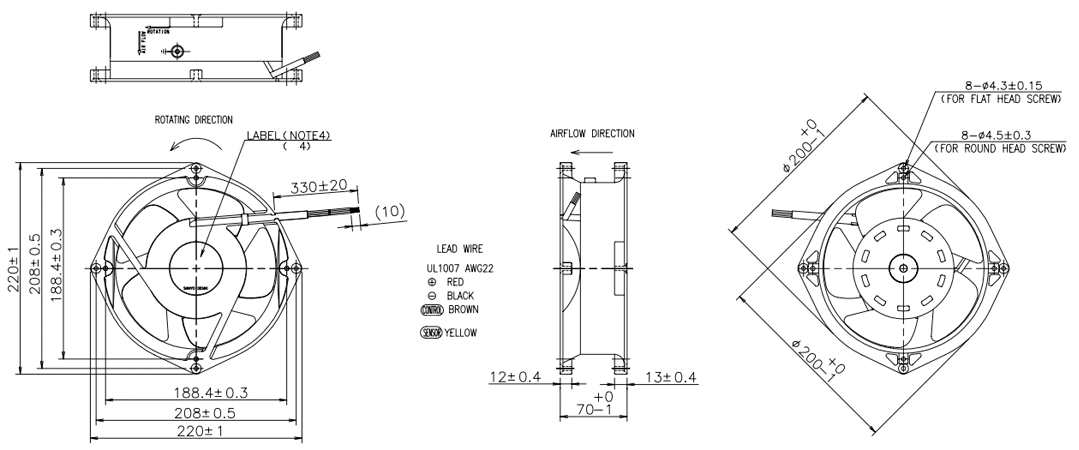 Габаритные размеры осевого кулера 9EC2048P0A01 Sanyo Denki