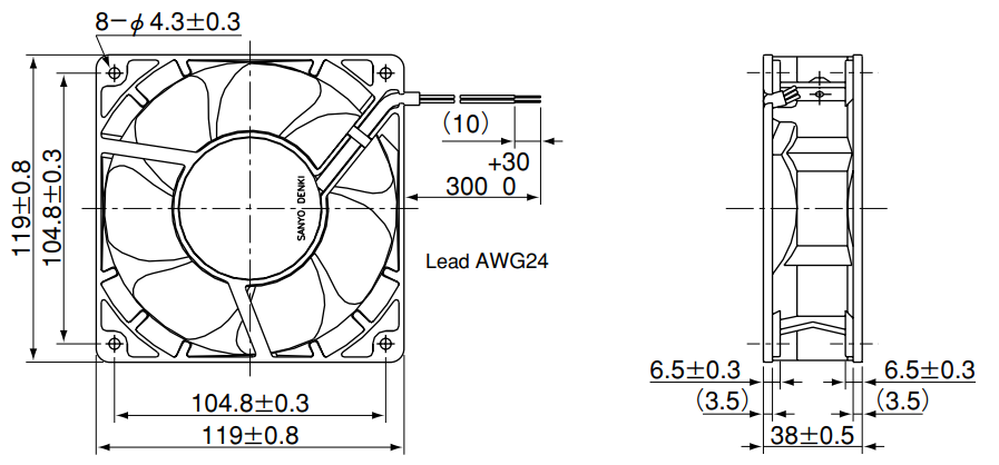 Габаритные размеры осевого кулера 9GL1224J102 Sanyo Denki
