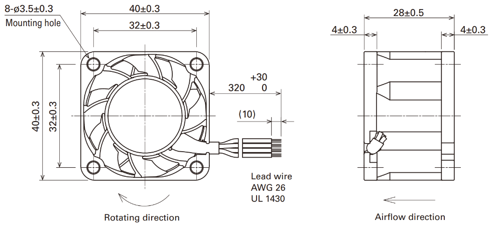 Габаритные размеры осевого кулера 9LG0424P3H001 Sanyo Denki