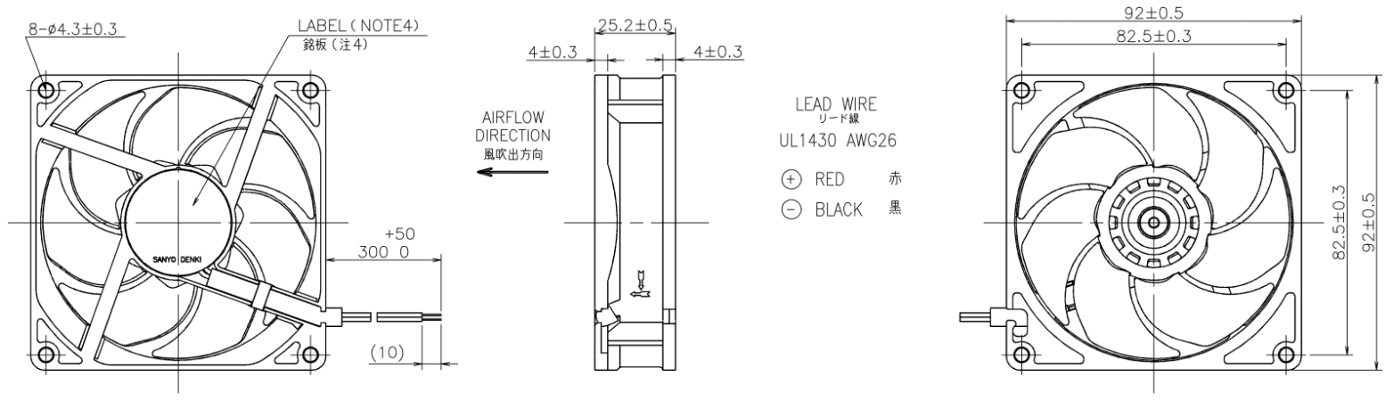 Габаритные размеры осевого кулера 9LG0924L4002 Sanyo Denki