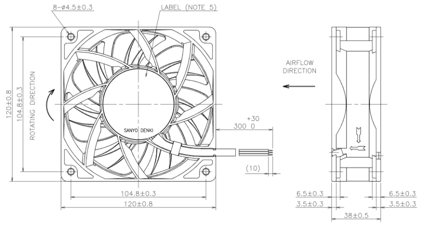 Габаритные размеры осевого кулера 9LG1224S1D001 Sanyo Denki
