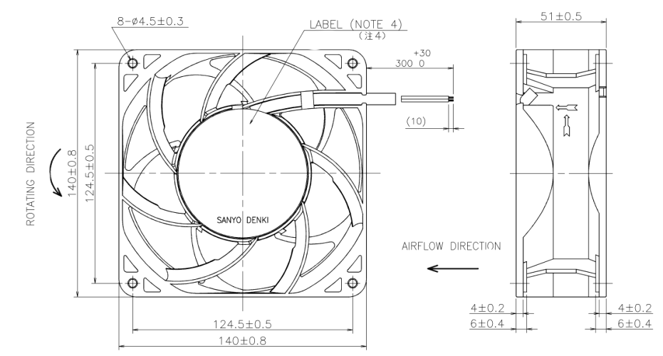 Габаритные размеры осевого кулера 9LG1448H5D001 Sanyo Denki