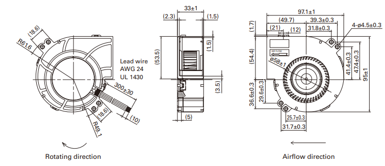 Габаритные размеры центробежного вентилятора 9W1BM12P2M001 Sanyo Denki