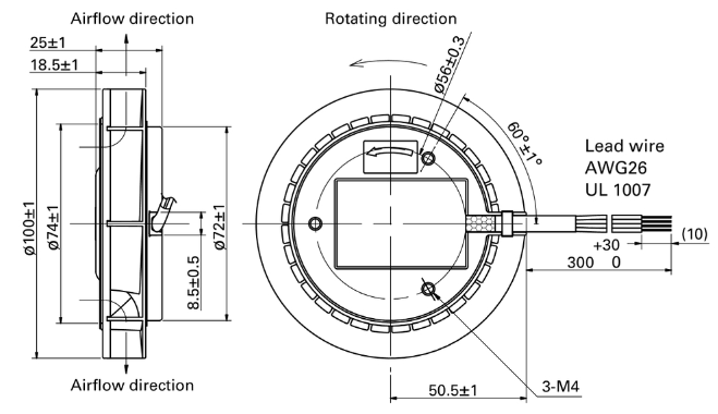 Габаритные размеры центробежного вентилятора 9W1TM48P4H01 Sanyo Denki