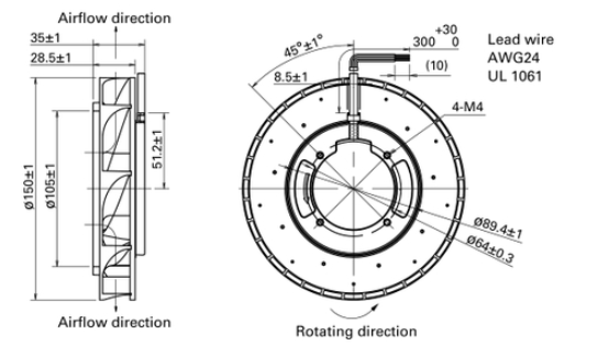 Габаритные размеры центробежного вентилятора 9W1TN48P1H01 Sanyo Denki