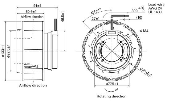 Габаритные размеры центробежного вентилятора 9W2TJ48P0H001 Sanyo Denki
