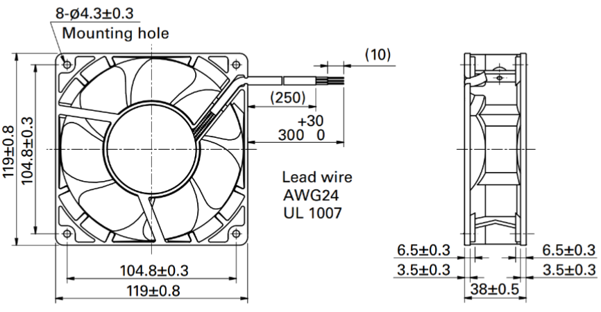 Габаритные размеры осевого кулера 9WG1224M101 Sanyo Denki