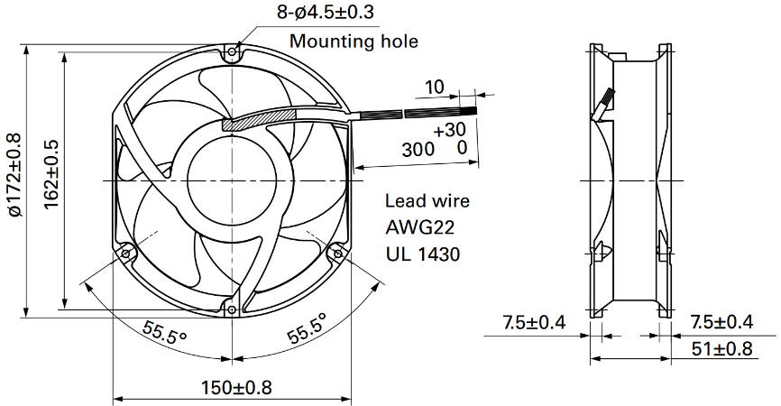 Габаритные размеры осевого кулера 9WG5748P5H001 Sanyo Denki