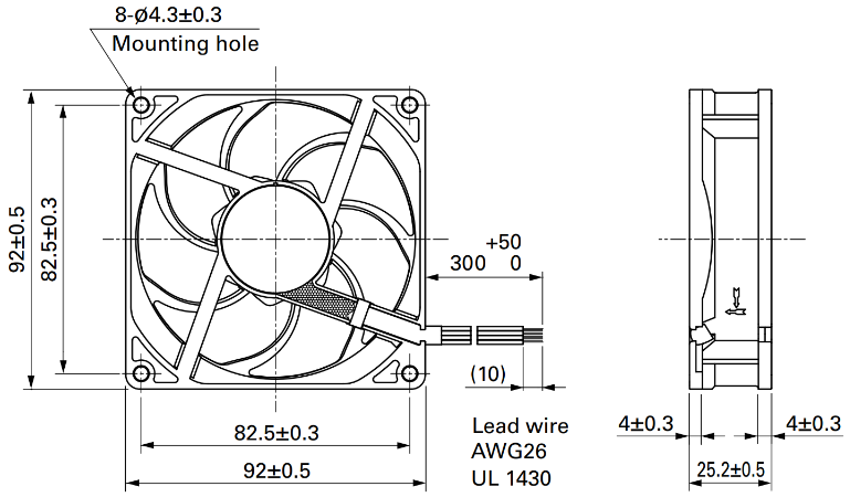 Габаритные размеры осевого кулера 9WL0924P4S001 Sanyo Denki