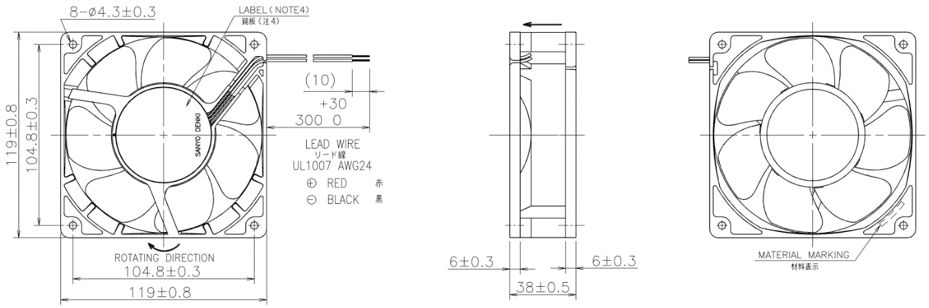 Габаритные размеры осевого кулера 9WP1224M1021 Sanyo Denki