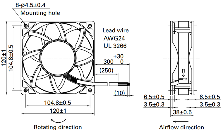Габаритные размеры осевого кулера 9WV1212J1002 Sanyo Denki