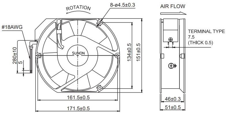 Габаритные размеры Sunon A2175-HBL