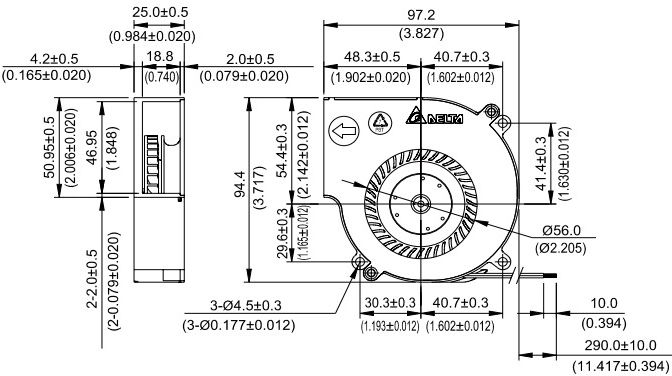 Габаритные размеры радиального вентилятора охлаждения BCB1012UH-F00 Delta Electronics