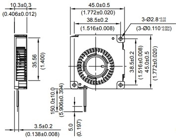 Габаритные размеры радиального вентилятора охлаждения BFB04505HHA-CF00 Delta Electronics Габаритные размеры радиального вентилятора охлаждения BFB04505HHA-CF00 Delta Electronics