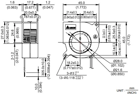 Габаритные размеры радиального вентилятора охлаждения BFB04512MD-R00 Delta Electronics Габаритные размеры радиального вентилятора охлаждения BFB04512MD-R00 Delta Electronics